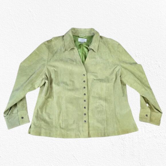 Y2K CJ Banks Spring Light Green Suede Snap Button V Neck Leather Jacket Size 2X - Picture 1 of 8